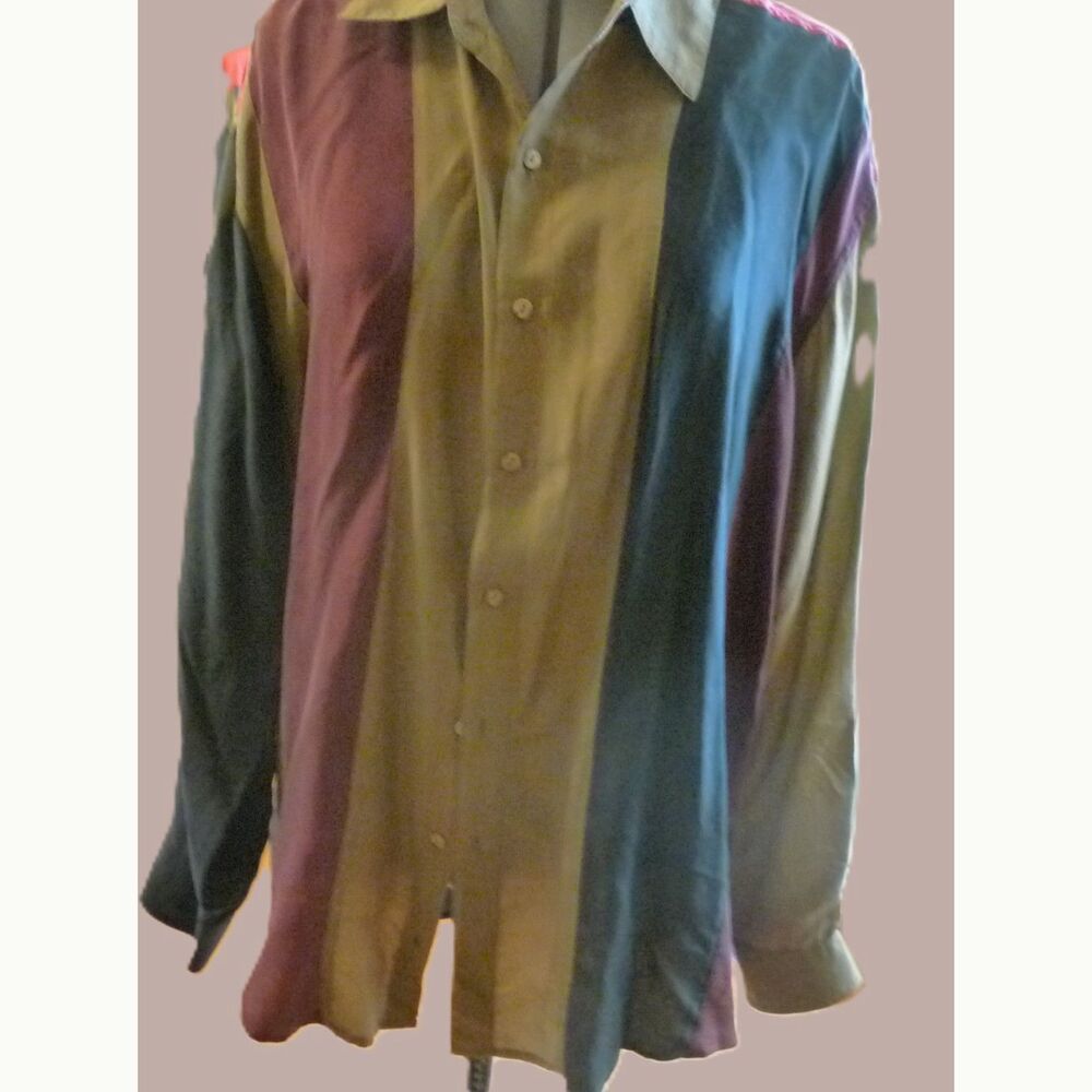 On the Brink Vintage 90s Color Block Wide Stripe Men's Silk Shirt Hip Hop L